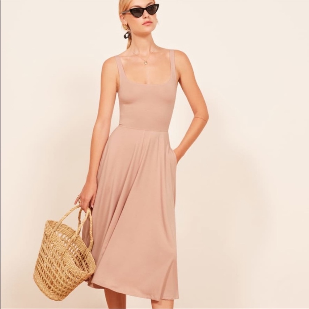 Reformation Jeans Blush ROU Midi Fit&Flare Dress,Sleeveless,Scoop-Neck